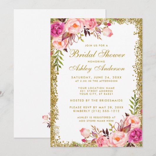 Roze Blush Gold Glitter Floral Vrijgezellenfeest Kaart (Voorkant / Achterkant)
