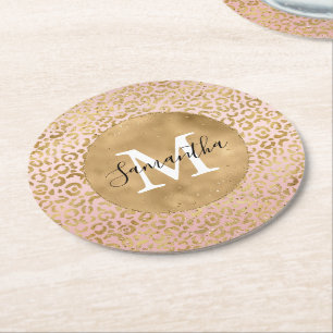 Roze Blush Gold Leopard Print Glitz Sparkle Ronde Kartonnen Onderzetter