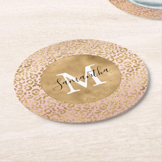 Roze Blush Gold Leopard Print Glitz Sparkle Ronde Kartonnen Onderzetter (Gebogen)
