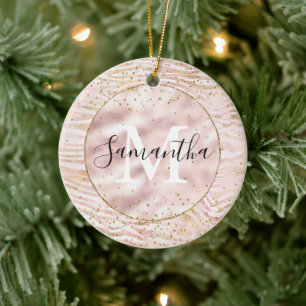 Roze Blush Gold Zebra Print Glitz Monogram Keramisch Ornament