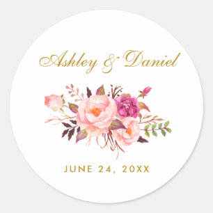 Roze Blush Goud Bloemen Bruiloft Ronde Sticker