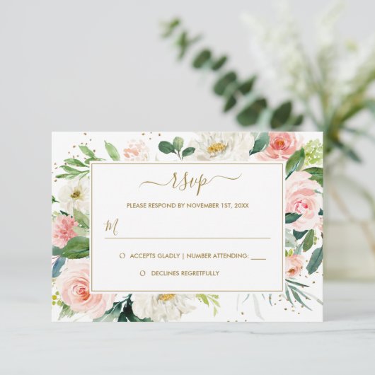 Roze Blush Goud Bloemen Goud Huwelijk RSVP (Staand voorkant)