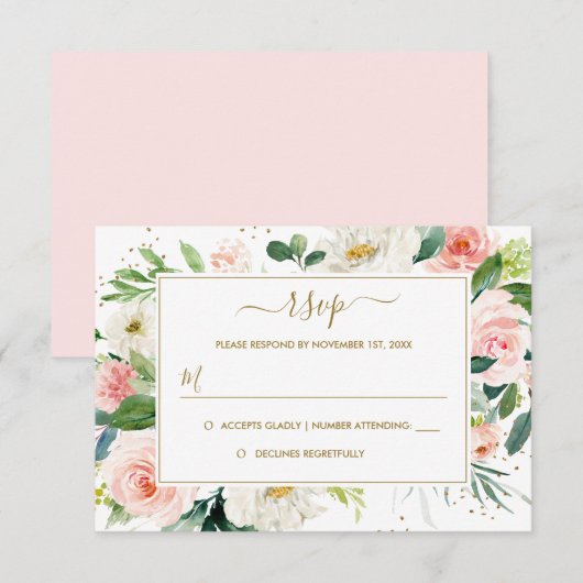 Roze Blush Goud Bloemen Goud Huwelijk RSVP (Voorkant / Achterkant)