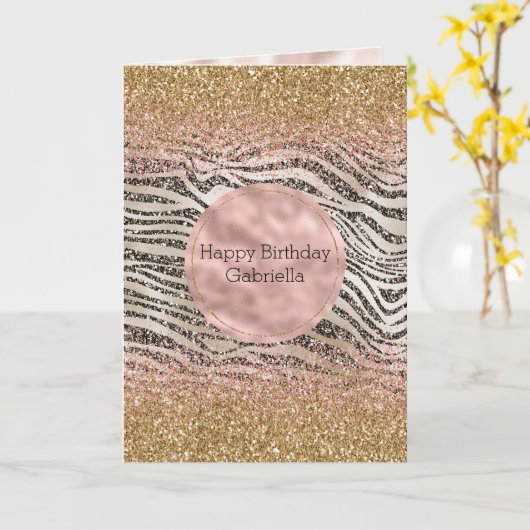 Roze Blush Goud Zwart Glitzy Glitter Zebra Print Kaart (Gele Bloem)