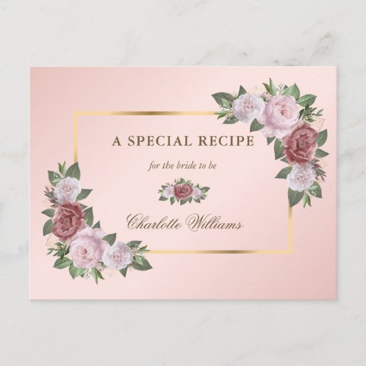 Roze Blush Gouden Bloem Bruidsfeest Receptkaart Briefkaart (Voorkant)