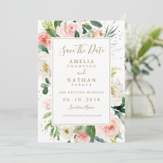 Roze Blush Gouden Bloem Bruiloft Bewaar De Datum Save The Date (Staand voorkant)