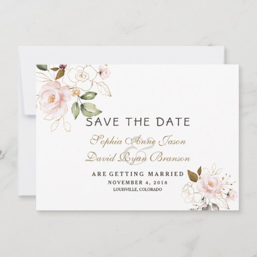 Roze Blush Gouden Bloem Bruiloft Save The Date (Voorkant)