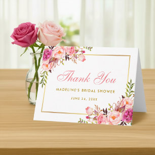 Roze Blush Gouden Bloemachtige Bruiloft Dankbrief  Bedankkaart