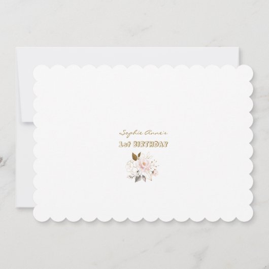 Roze Blush Gouden Bloemen Foto Meisje 1e Verjaarda Kaart (Achterkant)