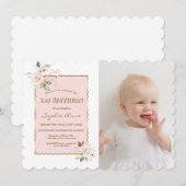 Roze Blush Gouden Bloemen Foto Meisje 1e Verjaarda Kaart (Voorkant / Achterkant)