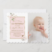 Roze Blush Gouden Bloemen Foto Meisje 1e Verjaarda Kaart (Voorkant)