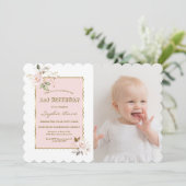 Roze Blush Gouden Bloemen Foto Meisje 1e Verjaarda Kaart (Staand voorkant)