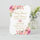 Roze Blush Gouden Bloemige Baby Shower Uitnodiging (Staand voorkant)