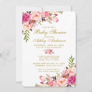 Roze Blush Gouden Bloemige Baby Shower Uitnodiging