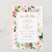 Roze Blush Gouden Bloemige Trouw Save The Date (Voorkant / Achterkant)