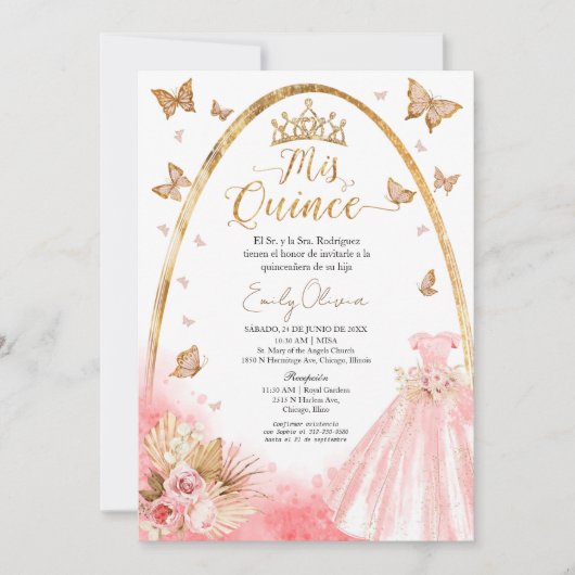 Roze Blush Gown Quinceanera Spaanse uitnodiging (Voorkant)