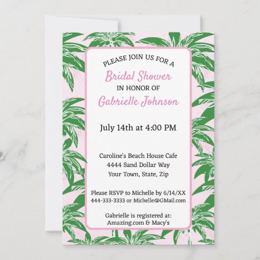 Roze Blush Groene Palm Tree Zomer Douche Party Kaart (Voorkant)