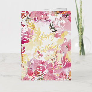 Roze Blush Happy Birthday Waterverf Floral Design Folie Wenskaart