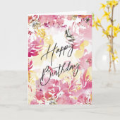 Roze Blush Happy Birthday Waterverf Floral Design Kaart (Gele Bloem)
