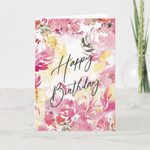 Roze Blush Happy Birthday Waterverf Floral Design Kaart