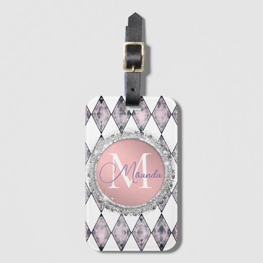 Roze Blush Harlequin Glitter Monogram Gepersonalis Bagagelabel (Voorkant (verticaal))