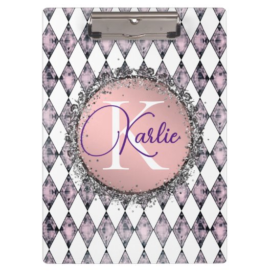 Roze Blush Harlequin Monogram Klembord (Voorkant)
