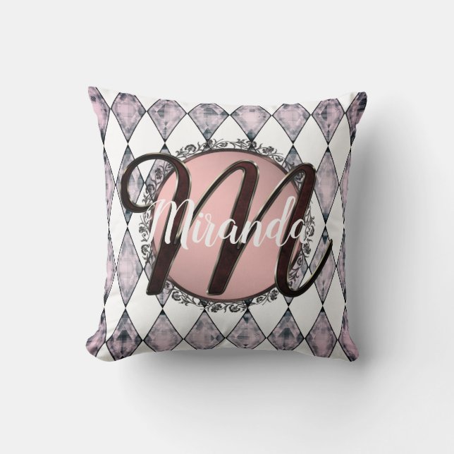 Roze Blush Harlequin Monogram Kussen (Voorkant)