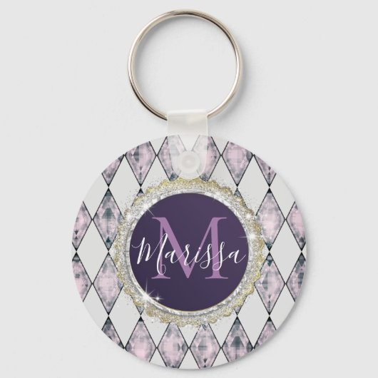 Roze Blush Harlequin Monogram Sleutelhanger (Voorkant)
