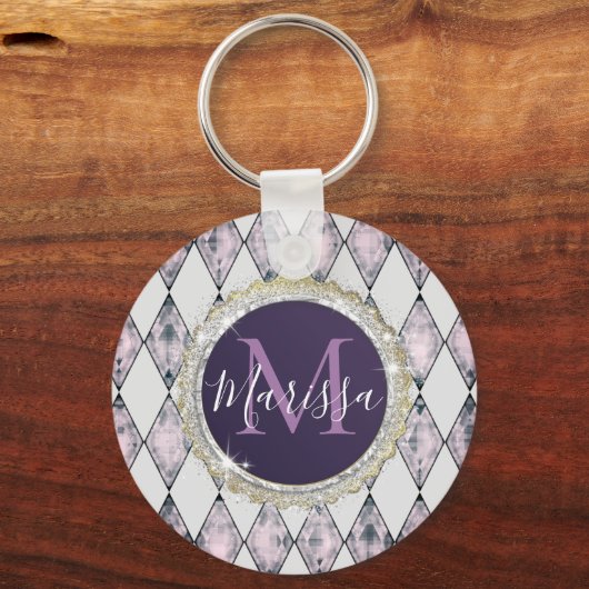 Roze Blush Harlequin Monogram Sleutelhanger (Voorkant)