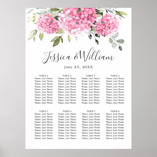 Roze Blush Hydrangea Floral 8 Tafels ZITGRAFIEK Poster (Voorkant)