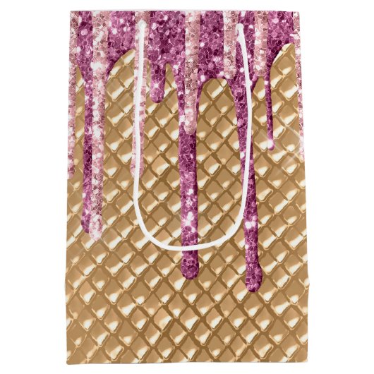 Roze Blush Ice Cream Cone Glitter Druppels Medium Cadeauzakje (Achterkant)