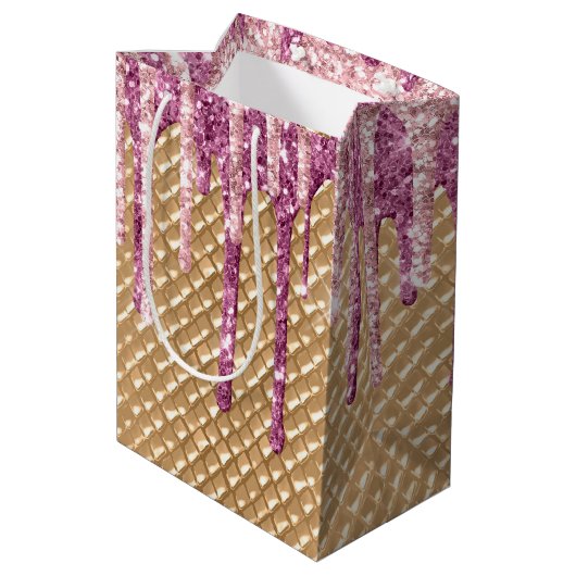 Roze Blush Ice Cream Cone Glitter Druppels Medium Cadeauzakje (Achterkant Gekanteld)