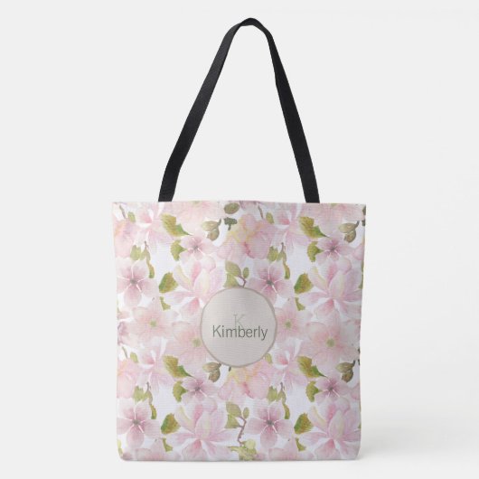 Roze Blush Magnolia Bloemen Initiaal Monogram Tote Bag (Voorkant)