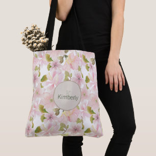 Roze Blush Magnolia Floral Initiaal Monogram Tote Bag