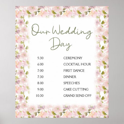 Roze Blush Magnolia Floral Wedding Schedule Poster (Voorkant)