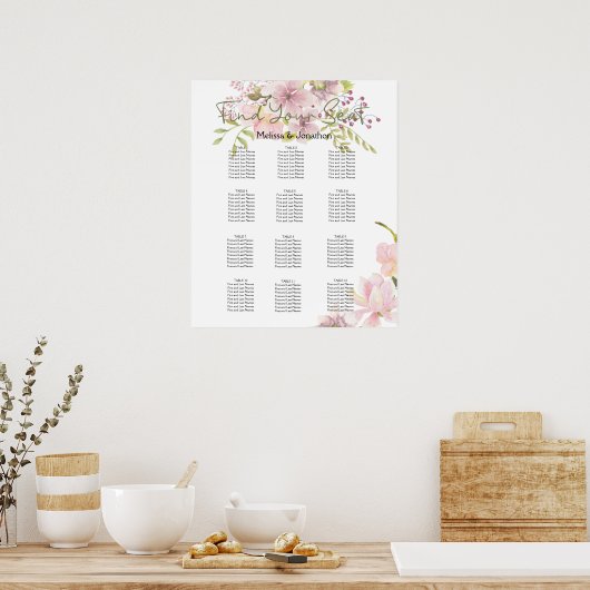 Roze Blush Magnolia Floral Wedding Seding Chart Poster (Keuken)