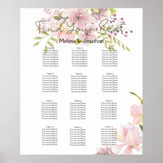 Roze Blush Magnolia Floral Wedding Seding Chart Poster (Voorkant)