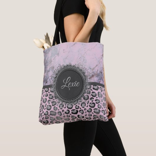 Roze Blush Marble Glittery Leopard gepersonaliseer Tote Bag (Dichtbij)