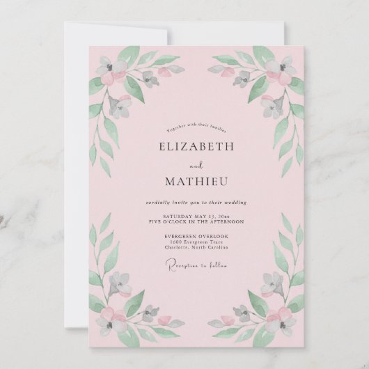Roze Blush Mint Loofwerk Eucalyptus Bruiloft Kaart (Voorkant)