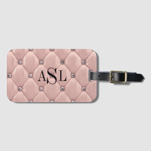Roze blush monogram Satin Metallic Elegant Bagagelabel (Voorkant (horizontaal))