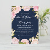 Roze Blush Navy Bloemen Bruiloft Uitnodiging (Staand voorkant)