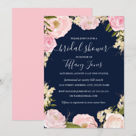 Roze Blush Navy Bloemen Bruiloft Uitnodiging (Voorkant / Achterkant)