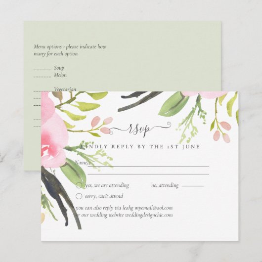 Roze Blush Olijfgroene Trouw RSVP Briefkaart (Voorkant / Achterkant)