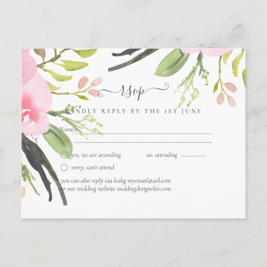 Roze Blush Olijfgroene Trouw RSVP Briefkaart (Voorkant)