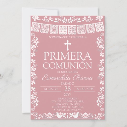 Roze Blush Papel Picado Primera Comunión Kaart (Voorkant)