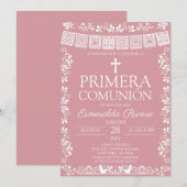 Roze Blush Papel Picado Primera Comunión Kaart (Voorkant / Achterkant)