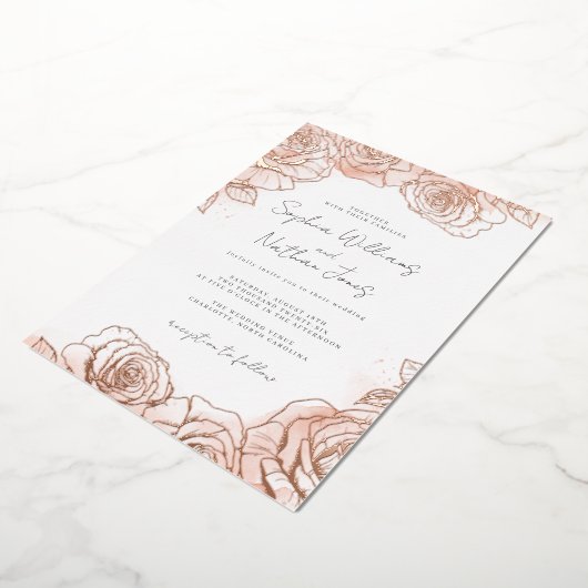 Roze Blush Peach Roos bruiloft Folie Uitnodiging (Gedraaid)