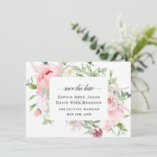 Roze blush Peonies Bloom Wedding Calligraphy Save The Date (Staand voorkant)