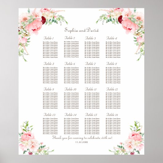 Roze blush Peonies Bloom Wedding Seating Chart Poster (Voorkant)