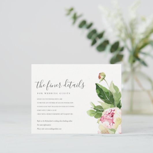 ROZE BLUSH PIJONENROOS EUCALYPTUS FLORALE HUWELIJK INFORMATIEKAARTJE (Staand voorkant)